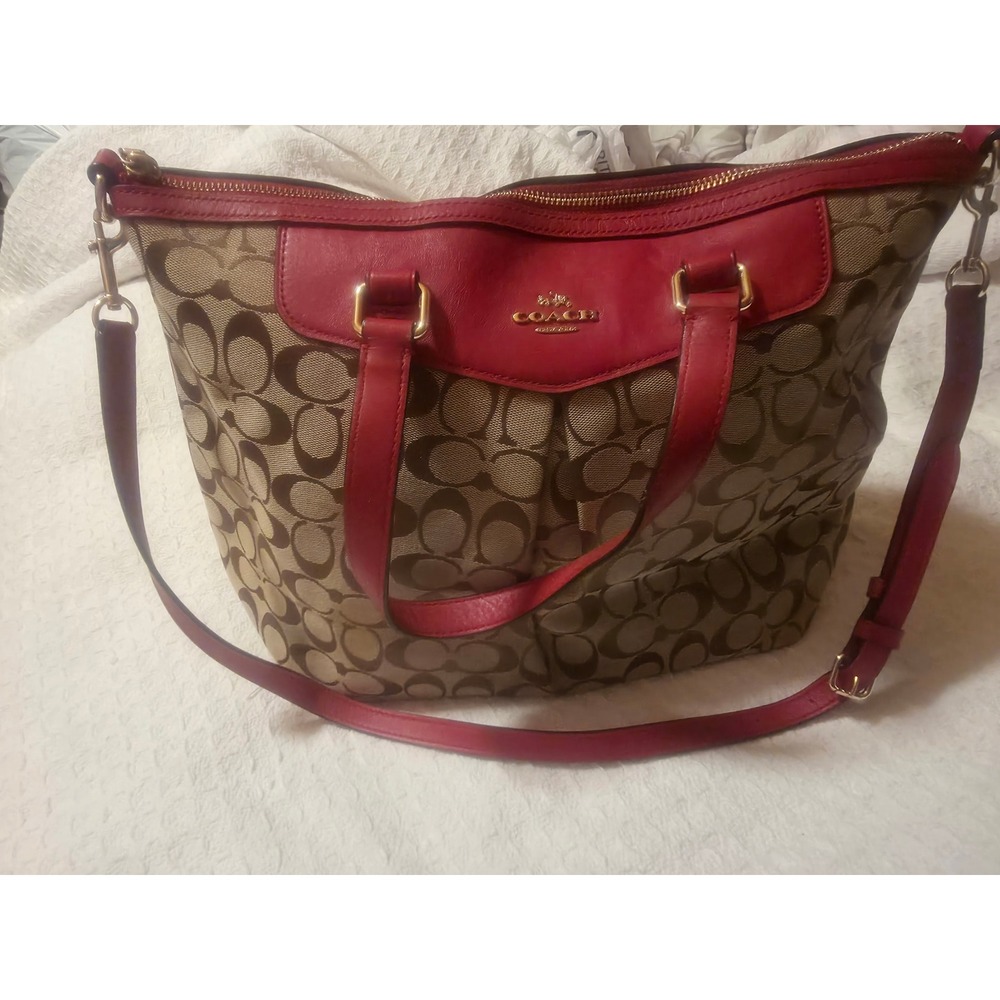 Coach Signature Kelsey Satchel Khaki Red Leather Trim Crossbody Handbag F28989